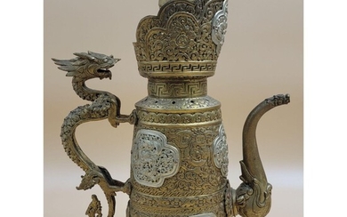 18-19th C Sino Tibetan Gilt Bronze Ewer / Dragon Cartou