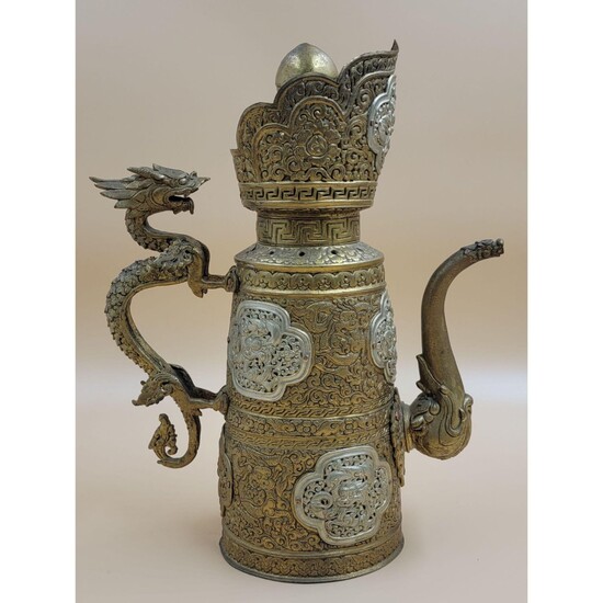 18-19th C Sino Tibetan Gilt Bronze Ewer / Dragon Cartou