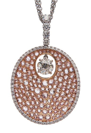 18CT PINK AND WHITE GOLD, COLOURED DIAMOND AND DIAMOND PENDANT NECKLACE Accompanied by a GIA report numbered 2175169890, dated 19 Ma...