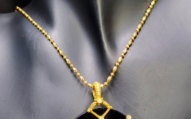 18K Gold Diamond & Onyx Pendant Necklace