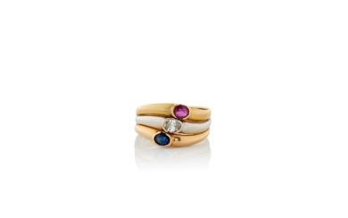 18K Tricolor Gold, Ruby, Sapphire, and Diamond Ring