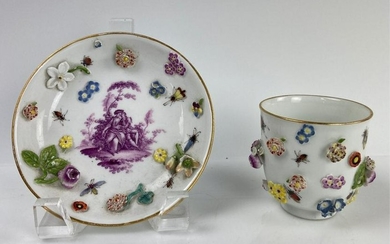 18TH C. FLOWER INCRUSTED MEISSEN CUP AND SAUCER