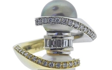 18k Gold Tahitian South Sea Pearl Diamond Bypass Ring
