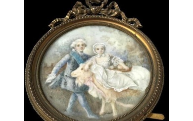 18th Century Miniature Porcelain Painting, Children & Goat