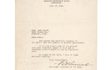 1918 FRANKLIN D. ROOSEVELT Typed Letter Signed Returning Binoculars in the Eyes for the Navy Program