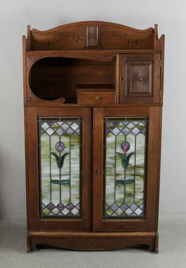 19/20thC American Cabinet with Stained Glass