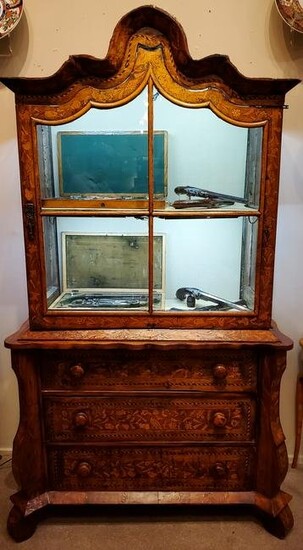 19th C. Dutch Marquetry Display cabinet with Drawers