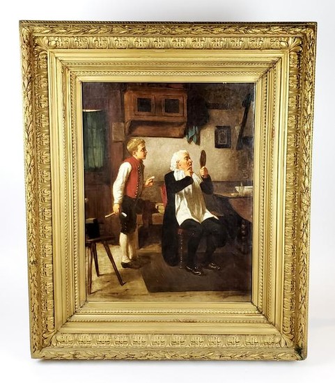 19th C. Mark William Langois Signed "The Barber" Oil on