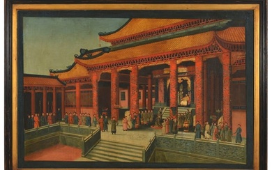 19th century Chinese export school large Imperial court scene depicting a seated Emperor Chia-Ching