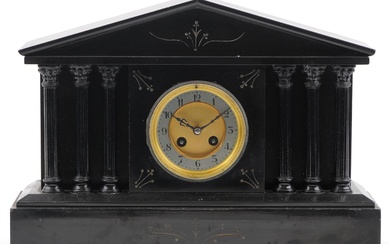 19th century French black slate architectural mantle clock w...