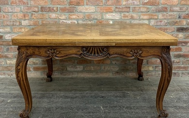 19th century French oak drawer leaf dining table, parquetry ...