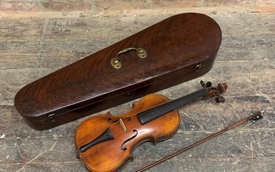19th century violin with single piece back and printed 'Stra...
