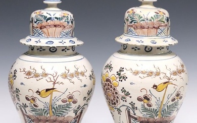 (2) DELFT POLYCHROME CHINOISERIE BALUSTER VASES & COVERS