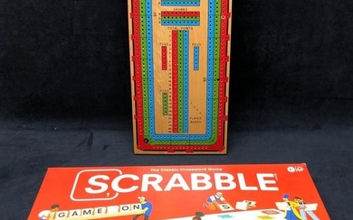 2 Games - Continuous Track Cribbage Board and Scrabble with Vintage Timer