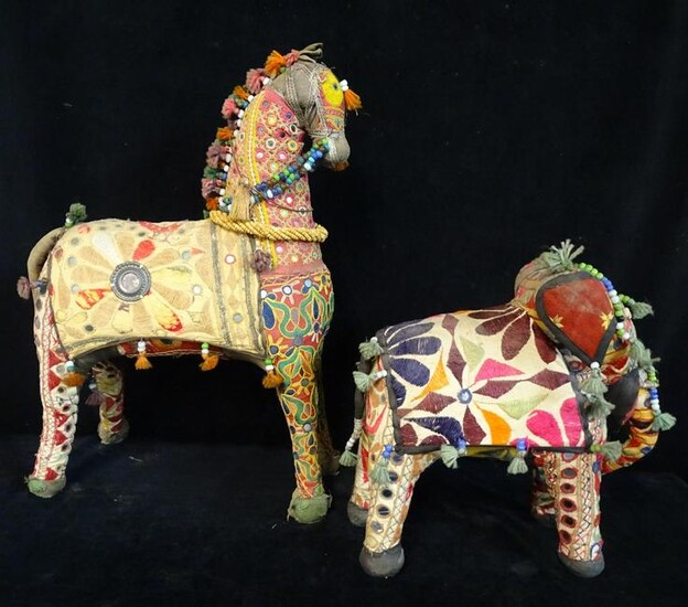 2 INDIAN FABRIC ANIMALS HORSE & ELEPHANT