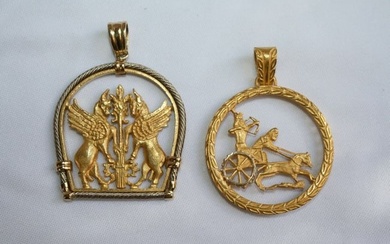 2 PIECES OF FRENCH 18K YELLOW & WHITE GOLD LARGE PENDANTS ""