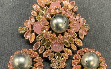 2 Pink Crystal & Faux Pearl Brooch & Earring Set