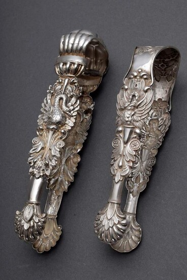 2 Various richly reliefed Biedermeier sugar tongs with "Swan" decoration, German 19th c., silver, 73g, l. 15/18cm, 1x restored, slightly defective