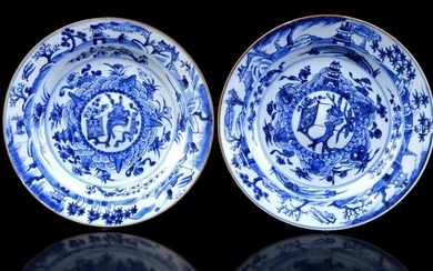 2 blue and white porcelain plates