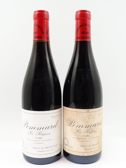 2 bouteilles POMMARD 1996 1er cru Rugiens. Domaine Hubert de Montille (1 étiquette léger abimée,...