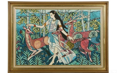 20C Woman Deer Painting Manner of Ting Shao Kuang
