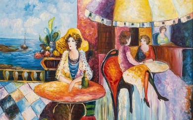 20th Century, Oil on Canvas "Cafe", H 36" W 48"