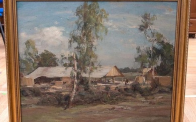 20th Century School Landscape with chicken coop oil on canvas,...