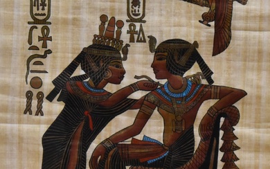 20th Century School, oil on papyrus paper, An Egyptian illustration of queen and pharaoh, framed
