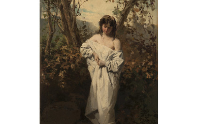 Domenico Induno ( Milano 1815 - 1878 ) , "La bagnante" olio su tela (cm 54.5x33) Firmato in basso a sinistra Provenienza: Collezione Bernasconi. Iscrizione al retro
