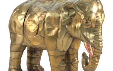 SERGIO BUSTAMANTE, Mexico, b. 1942/43, Standing elephant., Hand-hammered brass, height 45". Length 56".