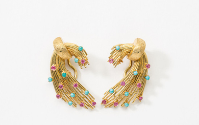 A pair of 18 carat gold, ruby and turquoise ear clips