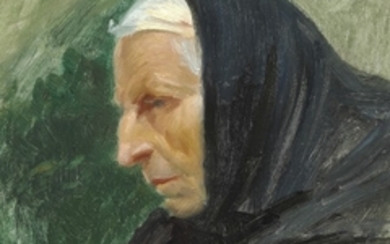 Anna Ancher: An elderly woman with a black scarf, Skagen. Signed A. Ancher. Oil on cardboard. 27 x 21.5 cm.