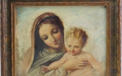Antique 19c Madonna & Child Religious Oil Painting