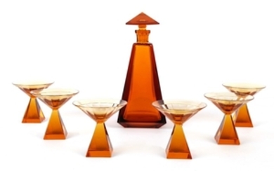 Art Deco amber glass decanter and six liqueur...