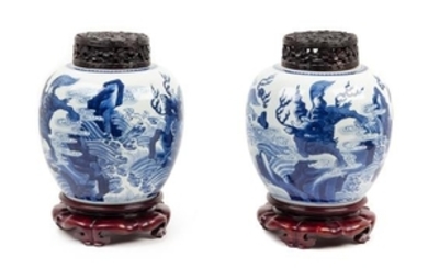 * A Pair of Blue and White 'Mythical Beast' Porcelain Ginger Jars