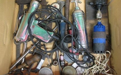 Box of tools, Smith's Carex extinguisher, various caps, strobe light etc