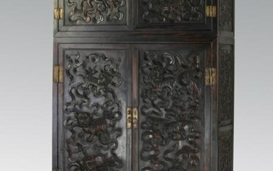 Chinese carved Fu lion rosewood cabinet, 79"h
