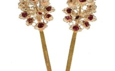 A pair of Chinese white metal and ruby hair ornaments