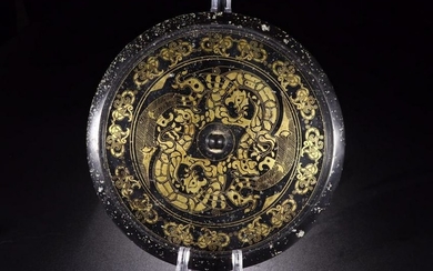 A COPPER MIRROR WITH GOLDEN PAINTING