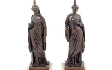 A Pair of French Bronze Figures Height overall 34