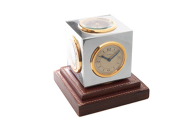 HERMÈS, REF. 141, DESK CLOCK, STAINLESS STEEL, GILT BRASS AND LEATHER