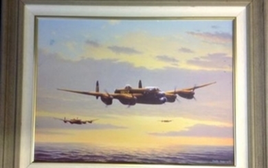 Lancasters in flight stunning Giclee print on canvas by artist Keith Aspinall framed and mounted to an overall size of 30......