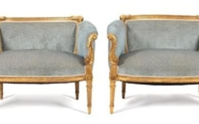 A Pair of Louis XVI Style Giltwood Marquise Armchairs