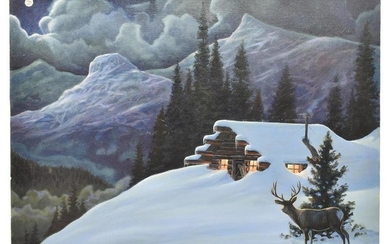 MIKE SCOVEL (B.1949) WESTERN PAINTING WINTER CABIN