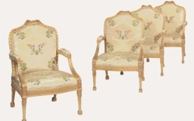 A SET OF FOUR GEORGE III GILTWOOD ARMCHAIRS, ATTRIBUTED TO JOHN LINNELL, CIRCA 1770