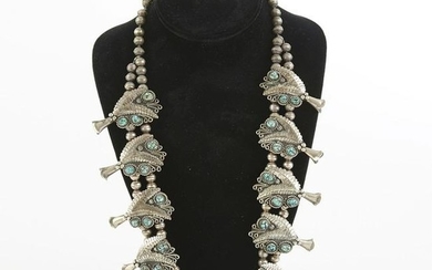 Silver and Turquoise Squash Blossom Necklace with