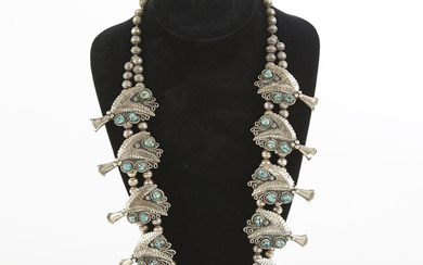 Silver and Turquoise Squash Blossom Necklace with Earrings