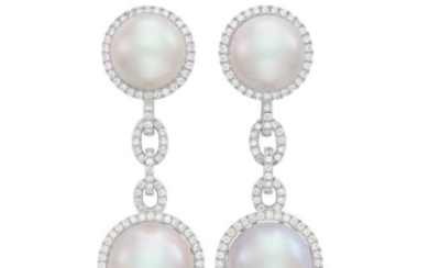 Pair of White Gold, South Sea Cultured Pearl and Diamond Pendant-Earrings