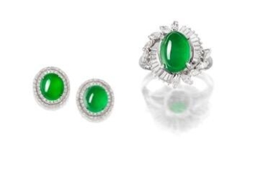 A Pair of Jadeite and Diamond Earrings and A Ring