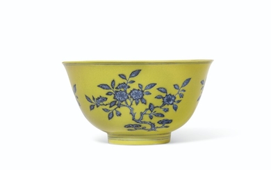 A VERY RARE UNDERGLAZE-BLUE-DECORATED YELLOW-ENAMELED BOWL, QIANLONG PERIOD (1736-1795), CAIRUN TANG ZHI MARK IN UNDERGLAZE BLUE WITHIN A DOUBLE CIRCLE